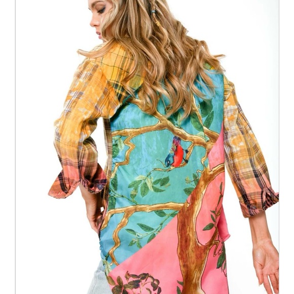 Aratta Tops - ARATTA HIBISCUS WASHED PLAID shirt with colorful bird-themed botanical print XS